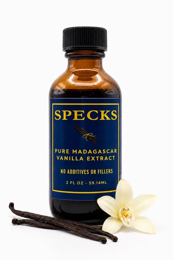 Specks Vanilla Madagascar vanilla extract bottle showing authentic vanilla specks